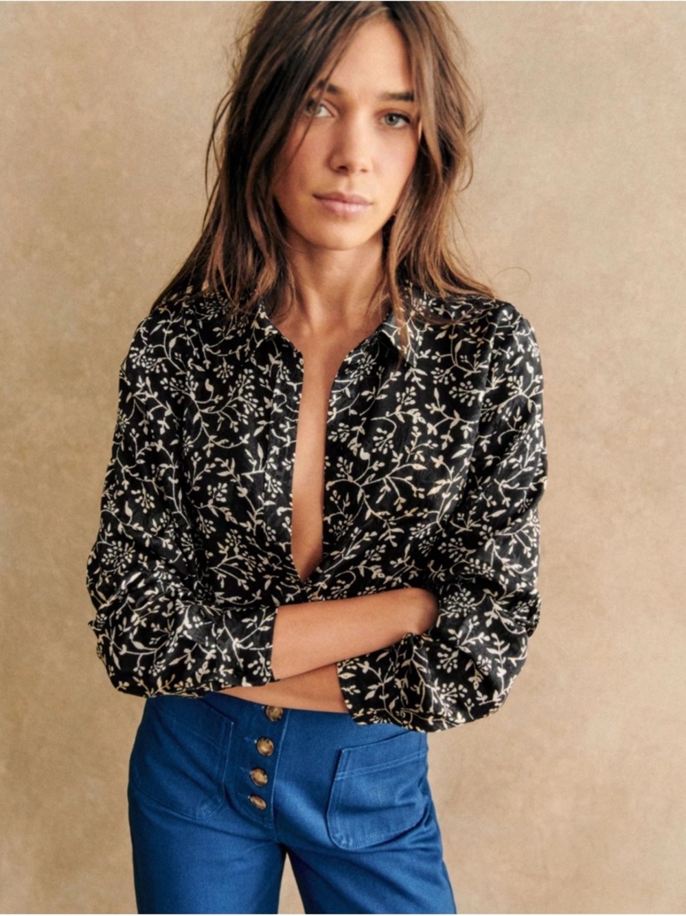 Sezane Ann Black Floral Button-Front Blouse - Size 4